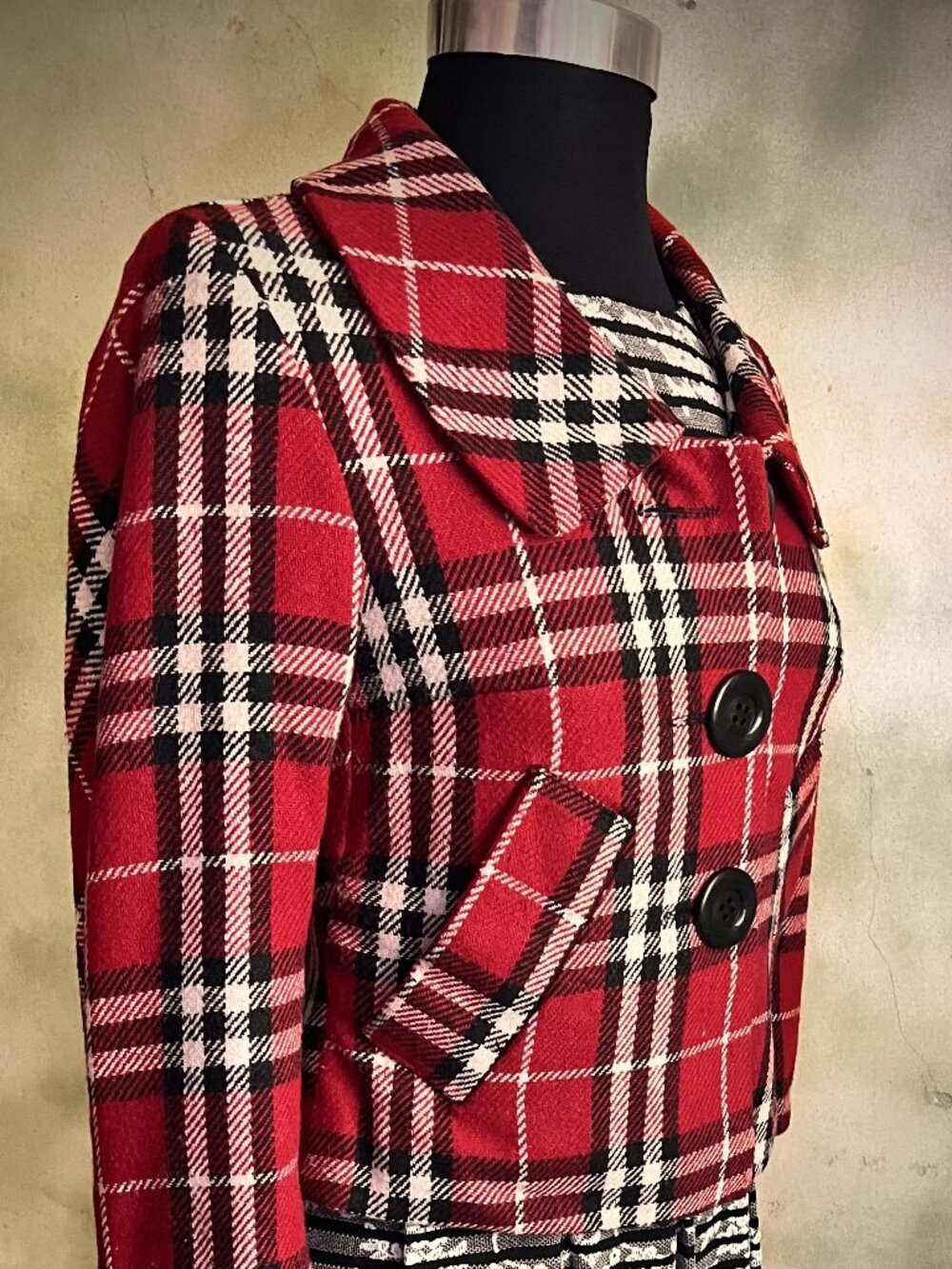 Last Kiss Red Plaid Cropped Jacket Size Small Retro Preppy Mod